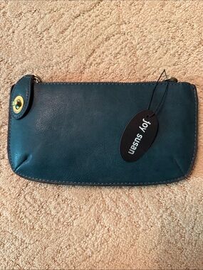 Joy Susan Teal Leather Wristlet Clutch with Gold Accent